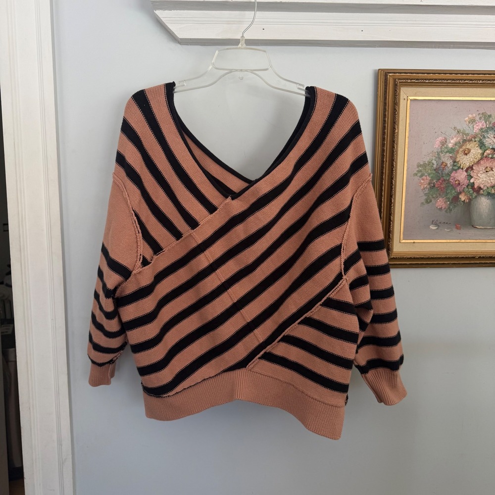 We‎ The Free Crossroads free People Striped Crossover Knit  Sweater Tan Black L